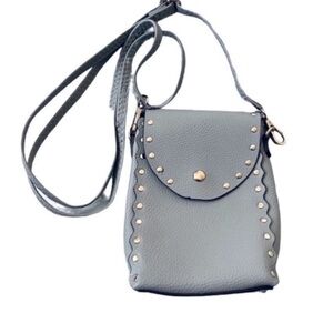 Mini Crossbody Bag Studded Faux Pebbled Leather Magnetic Flap Closure Gray Gold
